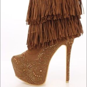 Tan Velvet Embellished Fringe Platform Boots